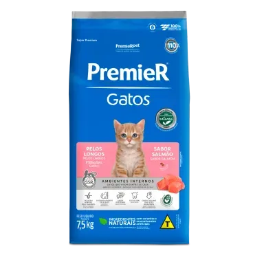 Racao Premier Ambientes Internos Gatos Filhotes Pelos Longos Salmao 7.5kg frente